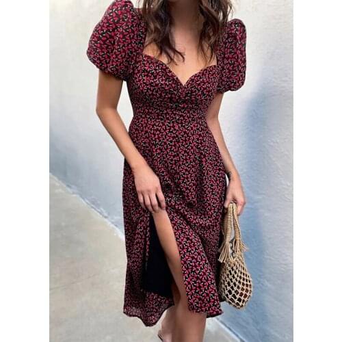 Summer Elegant Sweet Floral Long Dress Short Puff Sleeve Sexy V-Neck Daily Wild Trendy Stylish Fitting Split Hem Midi Dress