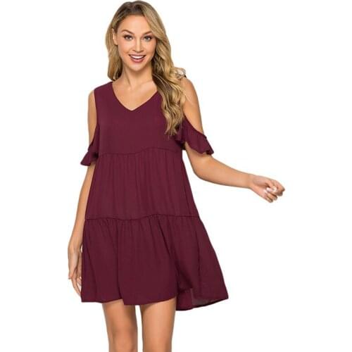 Women Dress Off Shoulder Dresses Solid Beach Style Mini Dress Femme Fashion Casual V-Neck Ruffles Straight Dress