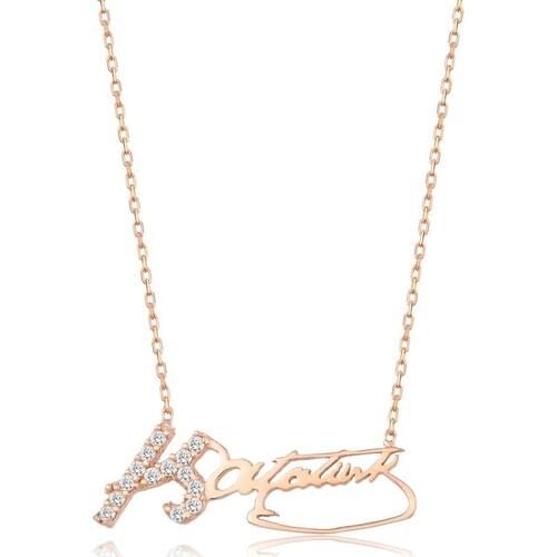 Silver Women 925 Silver Ataturk Signature Necklace Chain 43 cm Stone Rose Color Stylish and High Quality HBV00000QWGHA