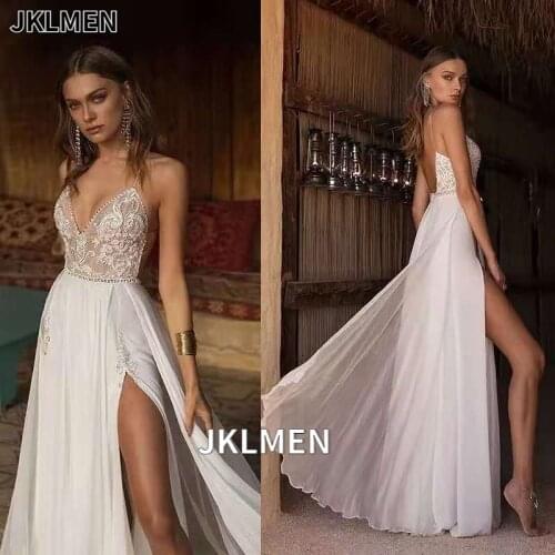 Boho Wedding Dress Sexy Slit Beach Wedding Dress V Neck Bridal Gown Spaghetti Strap Chiffon Backless Vestido De Noiva Brautkleid