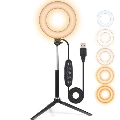 Dimmable LED Selfie Rng Light with Tripod Bracket LED Camera Studio Fill Light Table Lamp for YouTube Live Streaming Camera