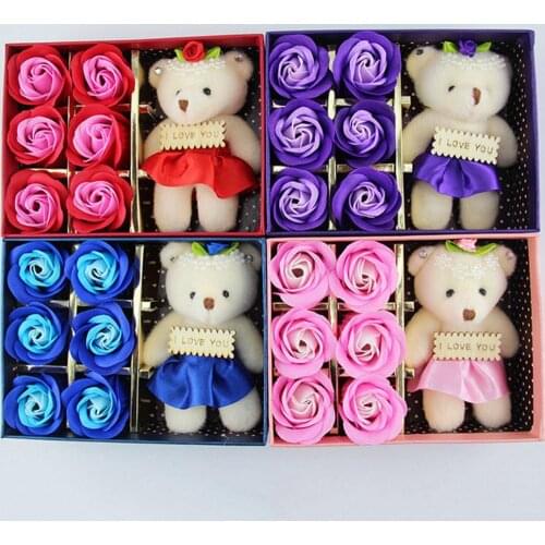Hot 6Pcs Artificial Soap Rose Flower Bear Doll Valentine Day Gift Party Decoration