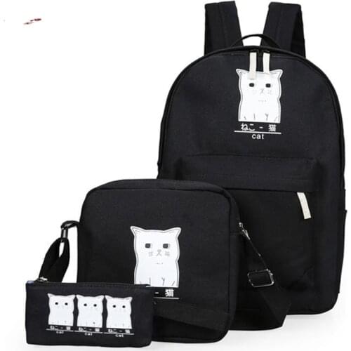 3Pcs/set Canvas Women Backpacks Schoolbag Printing Cute Cat School Bag Backpack For Teenager Girls Green Rucksack Moclila