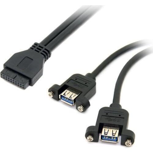 Jimier CY USB 3.0 Dual Ports Female Screw Mount Type to Motherboard 20 Pin Header Cable High Quality Black Color