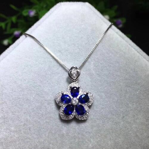 Fashion grace Flower Petal natural blue sapphire gem pendant S925 silver Natural gemstone Pendant Necklace women party jewelry