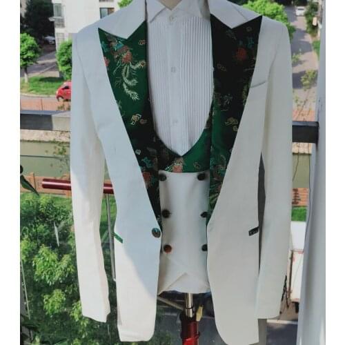 Real Photo White Peak Lapel Groom Tuxedos Handsome Men Work Business Suit 3 pieces Party Clothes (Jacket+Pants+Vest+Tie) NO:2808