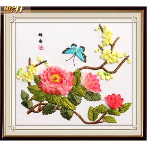 50x45cm Butterfly rhyme Ribbon embroidery kit stain painting set handcraft kit DIY handmade needlework art home decor