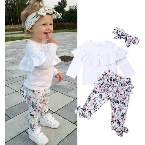 Autumn Winter Outfits Baby Girl Clothes Set 0-5 Years Toddler Kids White Ruffle Tops Floral Pants Headband 3Pcs Outfits
