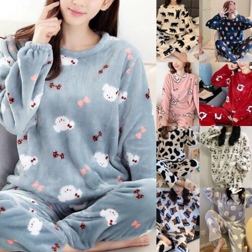 Women Winter 2Pcs Pajamas Set Long Sleeve Pullover Top Loose Pants Cartoon Animal Thick Warm Coral Velvet Sleepwear