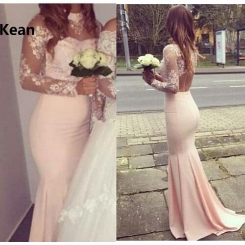 Peach Cheap Bridesmaid Dresses High neck Full Sleeve Mermaid Lace Backless Under 50 Long Wedding Party Dresses
