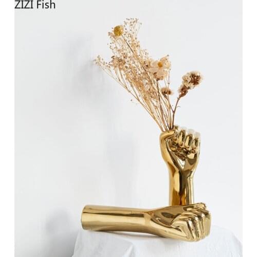 Gilded Ceramic Vase Golden Arm Porcelain Statue Flower Pots Decorative Desk Decoration Ornaments Flowers Vases Nordic Home Decor