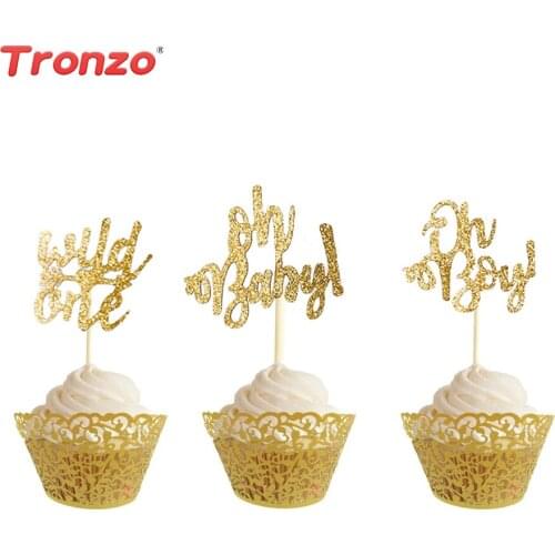 Tronzo 20pcs Cake Topper Birthday Decor Gold Pink Glitter Baby Cupcake Toppers Baby 1st Birthday Party Gender Baby Shower Favors