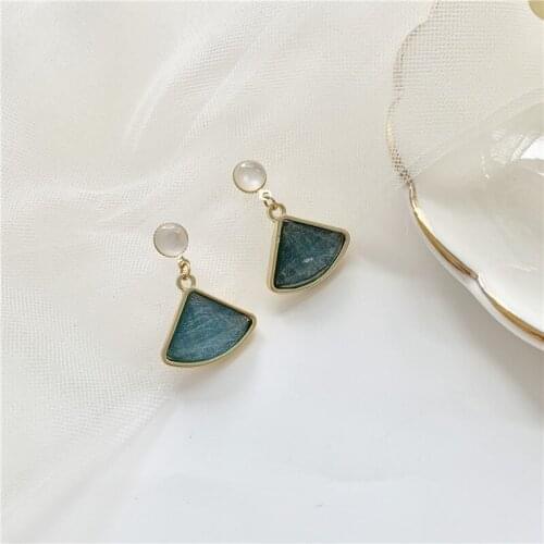 Korean temperament contracted blue ice crystal fan earrings female opal fashion earrings pendant ear stud jewelry