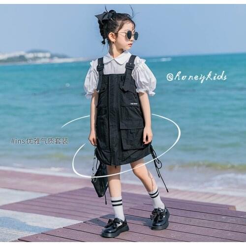 Girls Cool Bandage Suspender Skirts Clothes Set Whie Shirt Big Pockets Fashion Girls Outfit 8 10 12 years Summer 2021