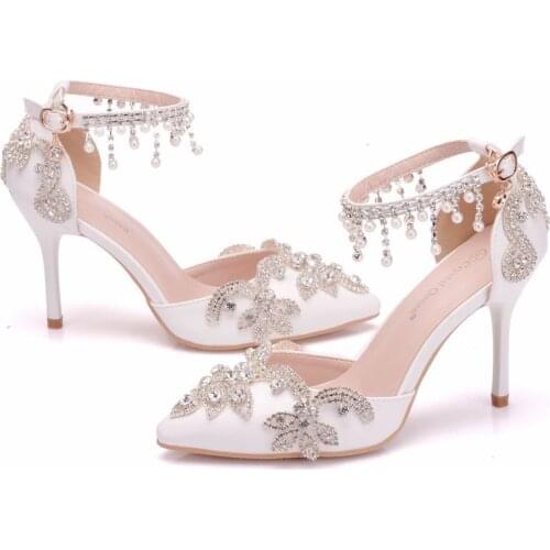 Women sandals wedding Party banquet PU Rhinestones Buckle Strap 9.5CM Thin High Heels Pointed Toe women shoes size 35-42