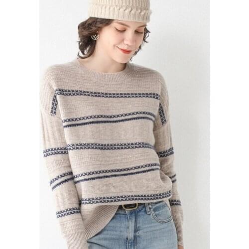 2020 Cashmere Sweater Womens Pullover Round Collar Autumn/Winter New Pure Wool Long Sleeve Knit Big Yards Stripe Thick Sweater