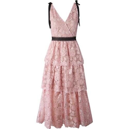 Pink Sequined Embroidery Lace Dresses for Women 2021 Summer Sexy Elegant V-neck Ruffles Midi Dress Female