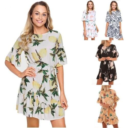 BYUAN Women Dress Summer 2018 Floral Print Dress Waistband Ruffle Short Sleeve Women Dresses Free Shipping Lady Dresses