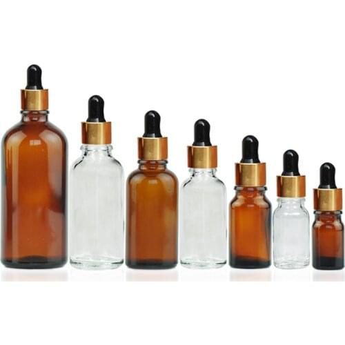25 pcs/lot Refillable Cosmetic Container Empty Dropper Bottle Perfume Vial Gold Cover Black Nipple Glass Essential Oil Bottle