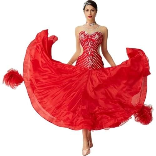B-1917 New national standard red modern dance competition table costume waltz ballroom dance dress with pearl silk skirt