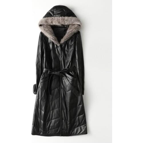 Free Shipping New Genuine Lamb Leather Jacket X-long Womens Down Coat with Mink hood Sheepskin coat Wholesale Retail OEM