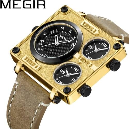 MEGIR Men Watches Military Sport Quartz Mlale Clock 3 Time Zone Genuine Leather Band Top Brand Luxury Gold Man Wristwatch 2069