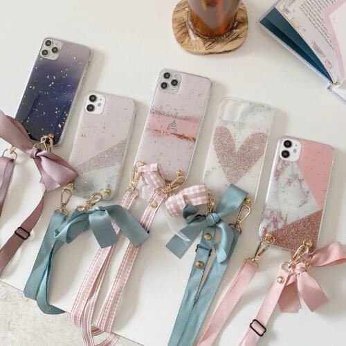 Epoxy Glitter Sequins Case for iPhone 12 Mini 11 Pro XS Max XR 7 8 Plus Heart Splice Marble Hanging Rope Crossbody Strap Cover