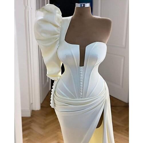 Elegant Prom Dresses 2021 One Shoulder Single Long Sleeve High Slit Mermaid Ivory Satin African Women Formal Evening Gowns
