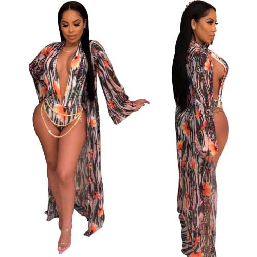 European and American Womens 2021 Swimwear Fashion Casual One-Piece Printed Cloak + Bikini Split Swimsuit