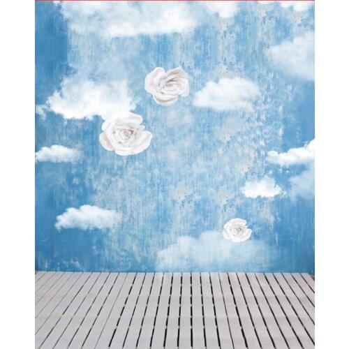 Blue Wall White Cloud Flowers Painting Wooden Floor Photography Backdrops Photo Props Studio Background 5x7ft