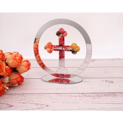 Custom 20pcs Acrylic Mirror Circle Cross Table Standing with Names & Date Personalized Wedding Party Ornament House Moving Gift
