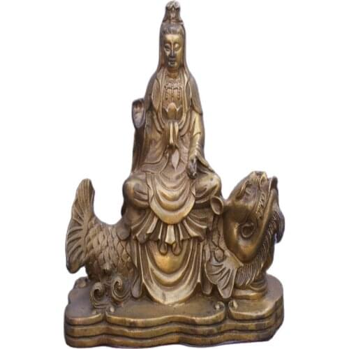 Chinese old bronzes Riding fish Guanyin copper Statue