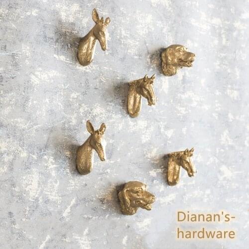 Light Luxury Brass Animals Head Shaped Handles and Knobs Wall Hook Cabinet Handle Drawer Pulls Decor Furniture Hardware