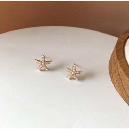 Cute Simulated-pearls Starfish Small Clip on Earrings Fashion Star Korean Earrings