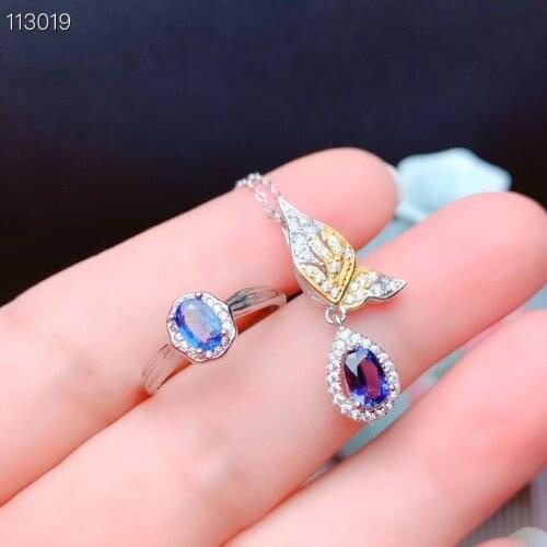 Real Natural Sapphire jewelry set Natural Real Sapphire 925 sterling silver 1pc pendant,1pc ring