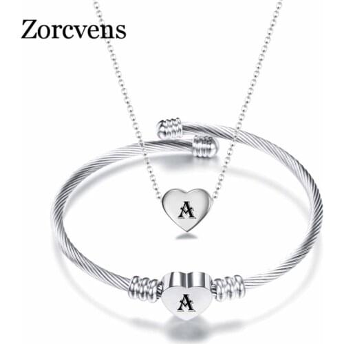ZORCVENS 2021 New Fashion Punk Vintage Silver Color Heart Shaped Letter Bracelet Necklace Jewelry Set for Women