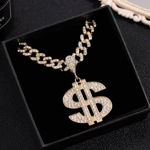 Novelty Crystal Dollar Pendant Miami Cuban Link Chain Necklace For Women Men Shiny Chunky Metal Cuban Choker Hiphop Party Jewely