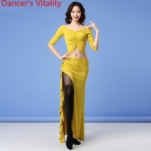 Belly Dance Practice Clothes Winter New Modal V Neck Top Long Skirt Set Women Beginners Oriental Indian Dancers Training Costume