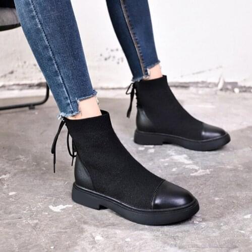 Autumn New Woman Stretch Boots Fabric Ankle Casual Platform Boots Lace Up Knitted Short Booties Wedge Womens Boots Socks Shoes