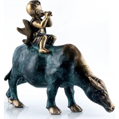 SIMPLE AND MODERN STYLE COWBOY RIDING COW ART SCULPTURE OX STATUE ANIMALS FIGURINE BRASS ART&CRAFT HOME DECORATION R2639