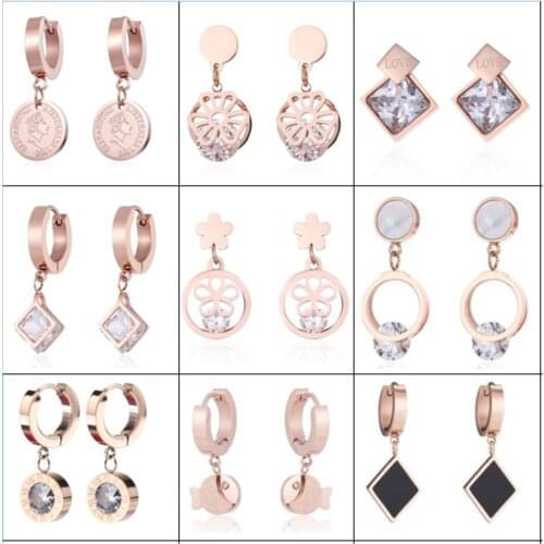 316L Titanium Steel Simple Earrings Flower Roman Numerals Beauty Head Earrings Rose Gold Womens Earrings No Fade