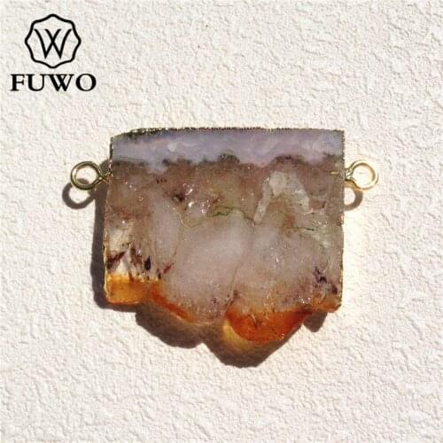 FUWO Rectangle Natural Citrines Druzy Pendant 24k Gold Electroplated Double Loops Yellow Crystal Jewelry Wholesale PD138