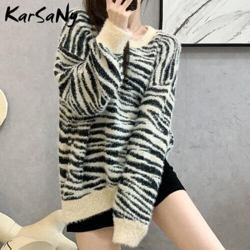Fluffy Mohair Zebra Sweater Oversize For Women Winter Womens Jumper 2021 Vintage Warm Loose Zebra Sweaters For Women Pullovers