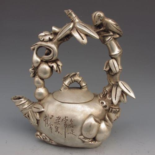 Silver Bronze Handmade Carved Bamboo Teapots & Lid w Qing Dynasty Mark , tools wedding Decoration Brass