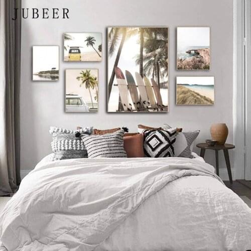 Tropical Summer Sea Beach Posters and Prints Travel Sunset Coconut Wall Art Surfboard Car Canvas Painting Seascape Picture