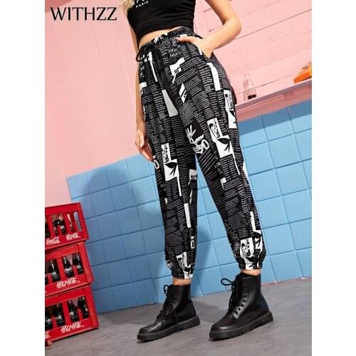 WITHZZ Spring Mid-Waist Street Womans Newspaper Printing Bandage Closure Cargo Pants Casual Pants