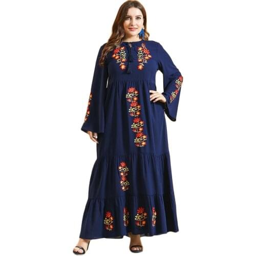 Vestidos Mc9498# Blue Large Womens Dress Floral Embroidery Multi-layer Pleated Sleeve Clothing Autumn Casual Long