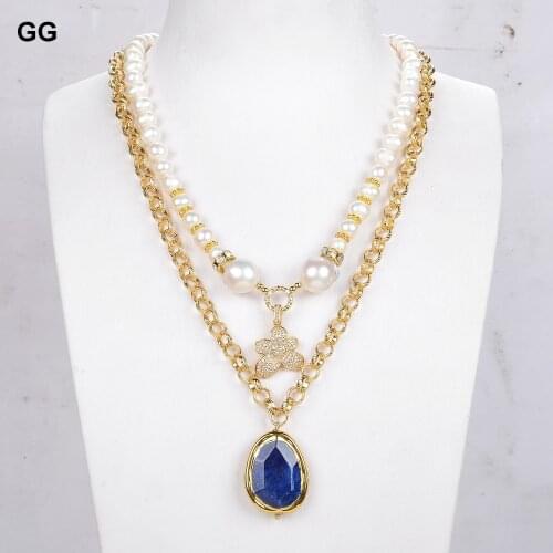 GuaiGuai Jewelry Natural Freshwater White Pearl Lapis Chain Necklace CZ Flower Pendant 18"