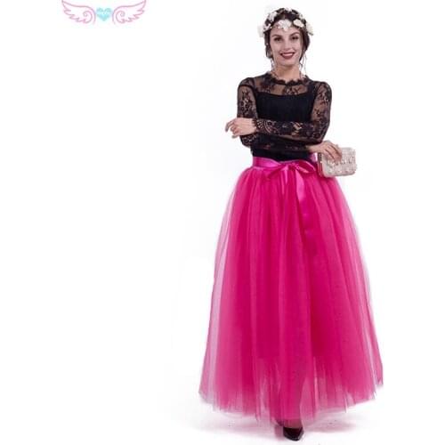 Kephy 7 layers 100cm long hot pink full length women tulle skirt wedding skirt tutus skirt for adult long skirt for women
