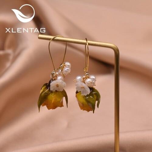 Xlentag 925 Sterling Silver Real Yellow Flower Dangle Earrings For Women Fresh Water Pearl Cute Drop Earrings Jewelry GE0910